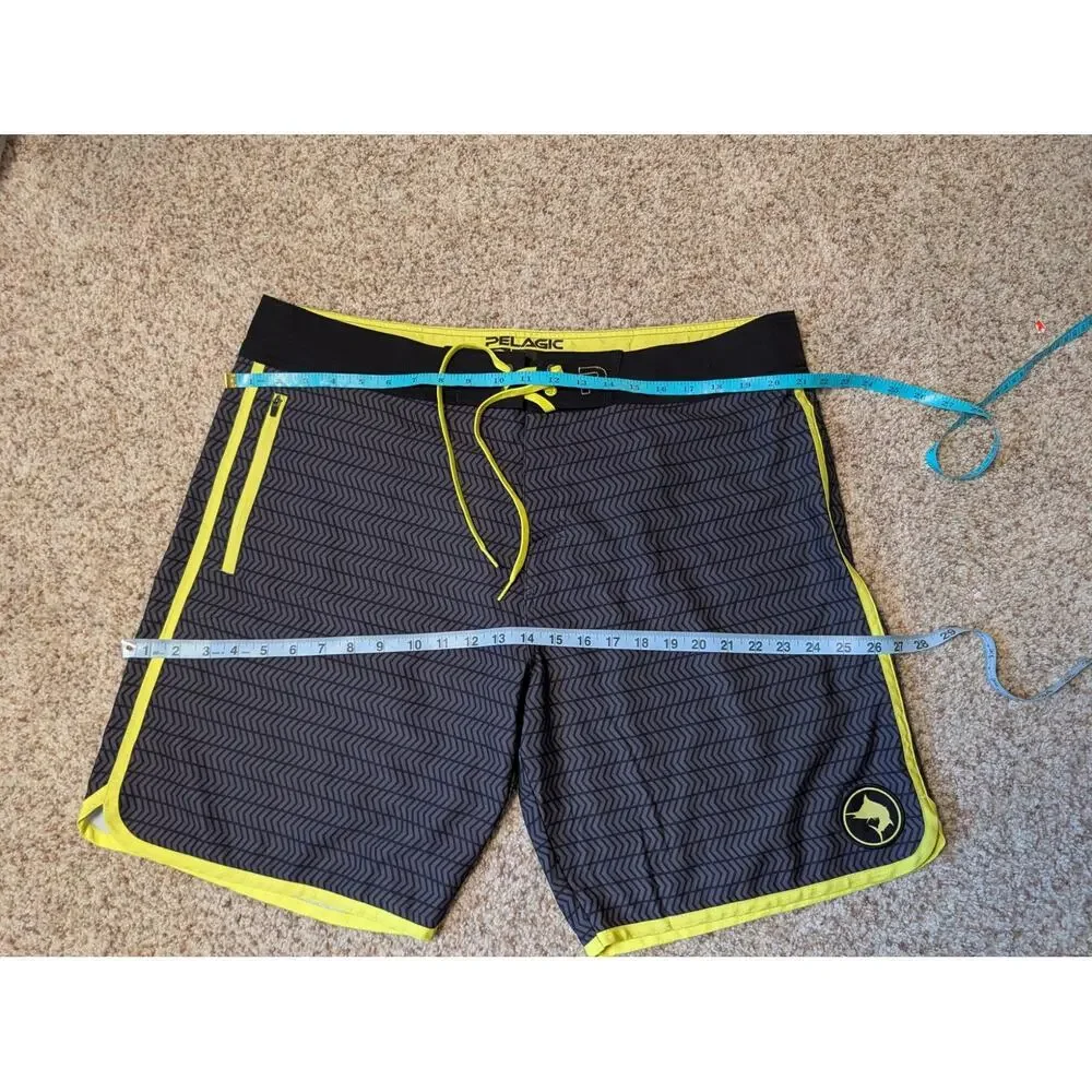 PELAGIC Ridgemont Mens 40;  Swim/board shorts, black/gray; Fishing, yellow trim